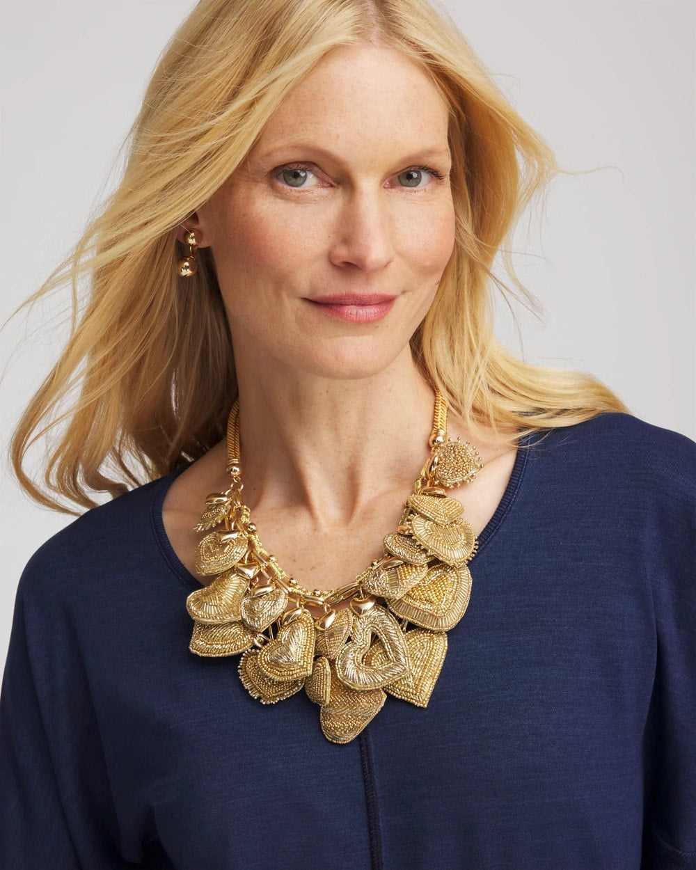 Chico's Jewelry Gold Beaded Heart Charm Bib Necklace