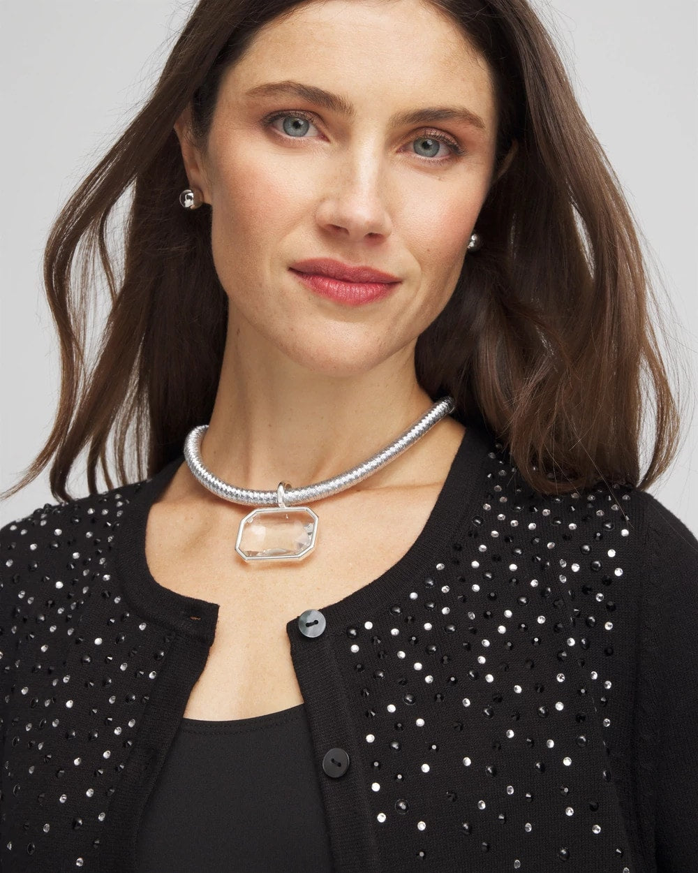 Chico's Jewelry Silvertone Gem Pendant Cord Necklace