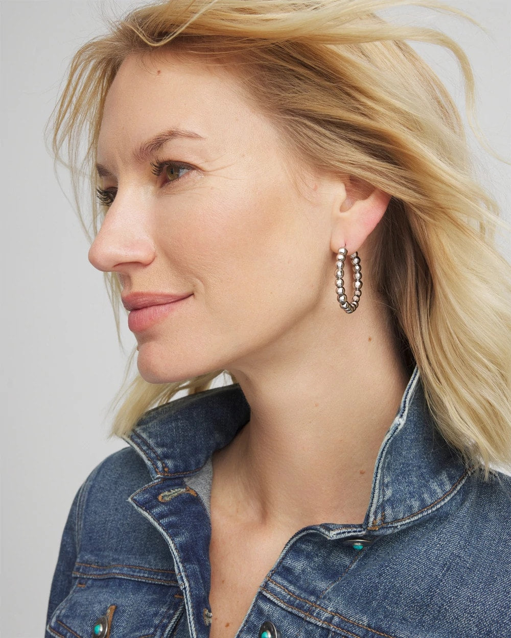 Chico's Jewelry Silvertone Beaded Hoop Earrings