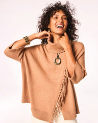 Chico's Accessories Cowlneck Knit Fringe Poncho