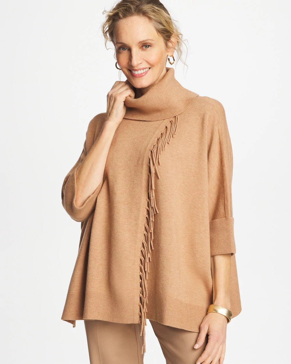 Chico's Accessories Cowlneck Knit Fringe Poncho