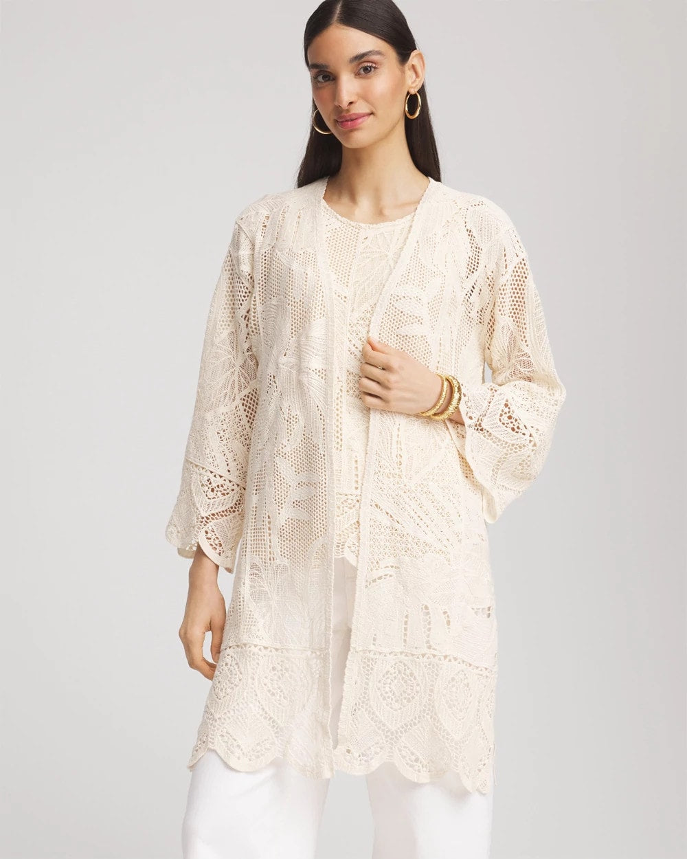 Chico's Accessories Cutwork Crochet-Lace Long Kimono