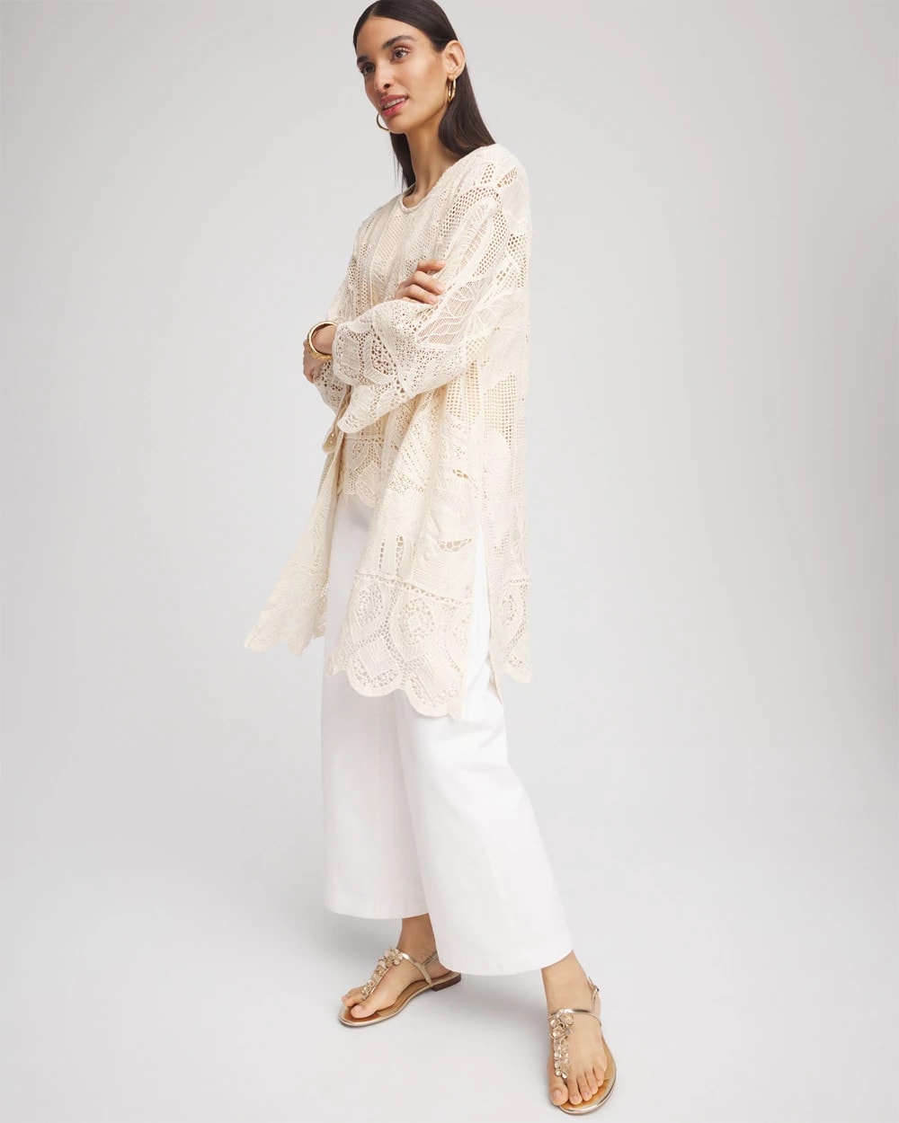 Chico's Accessories Cutwork Crochet-Lace Long Kimono