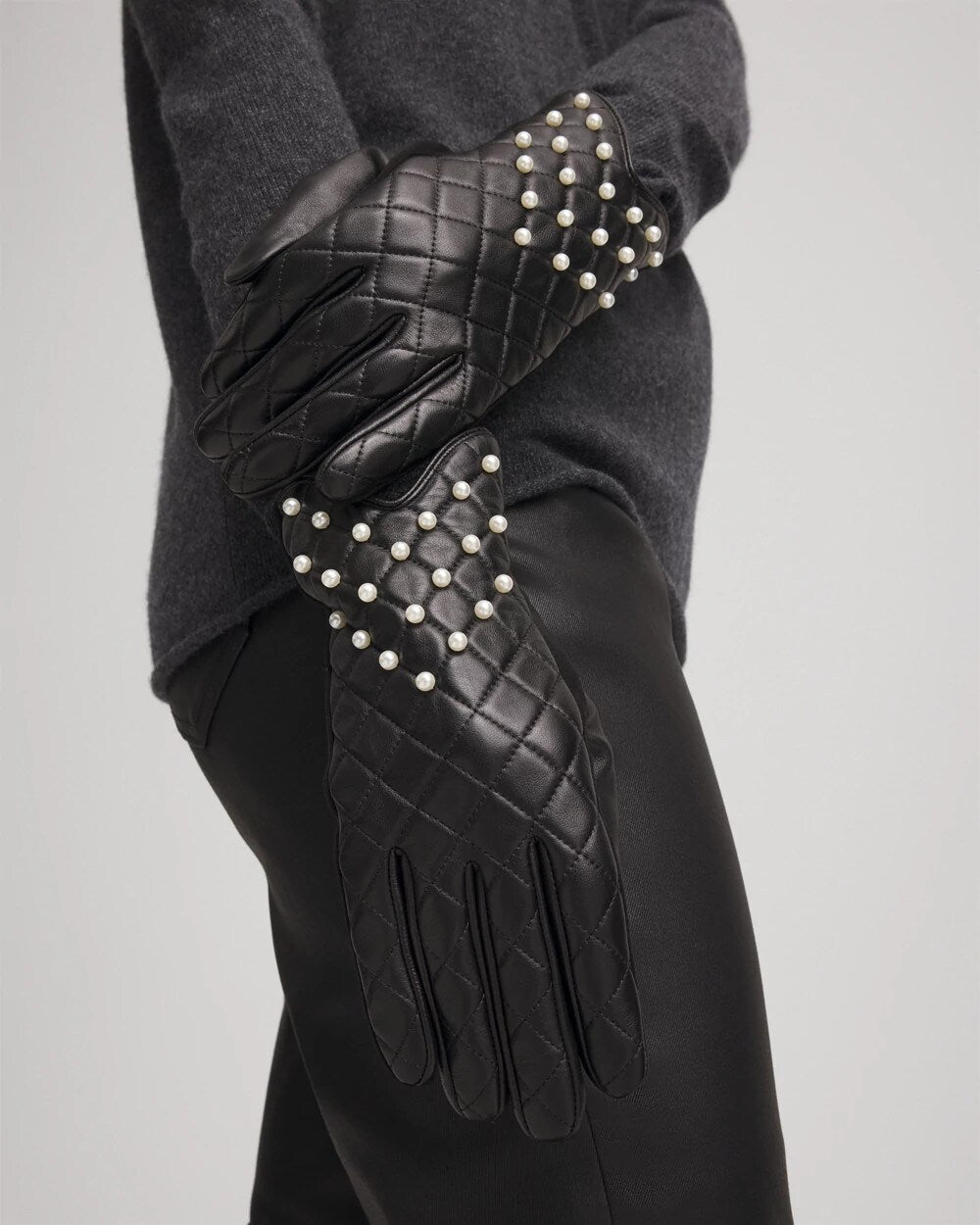 Chico's Accessories Leather Pearl Quilted Gloves