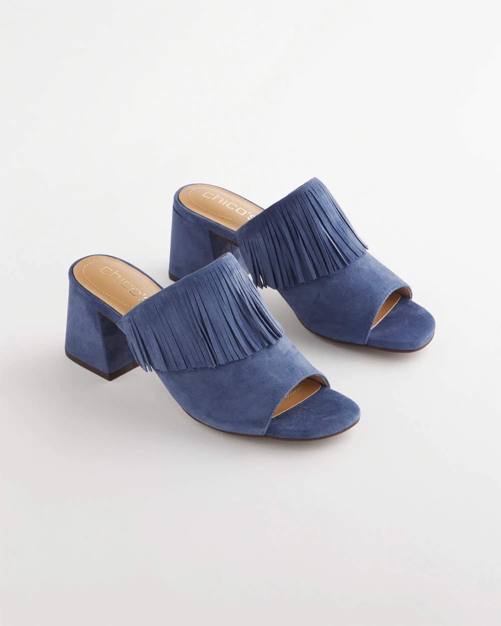 Chico's Accessories Blue Lotus Suede Fringe Block Heels