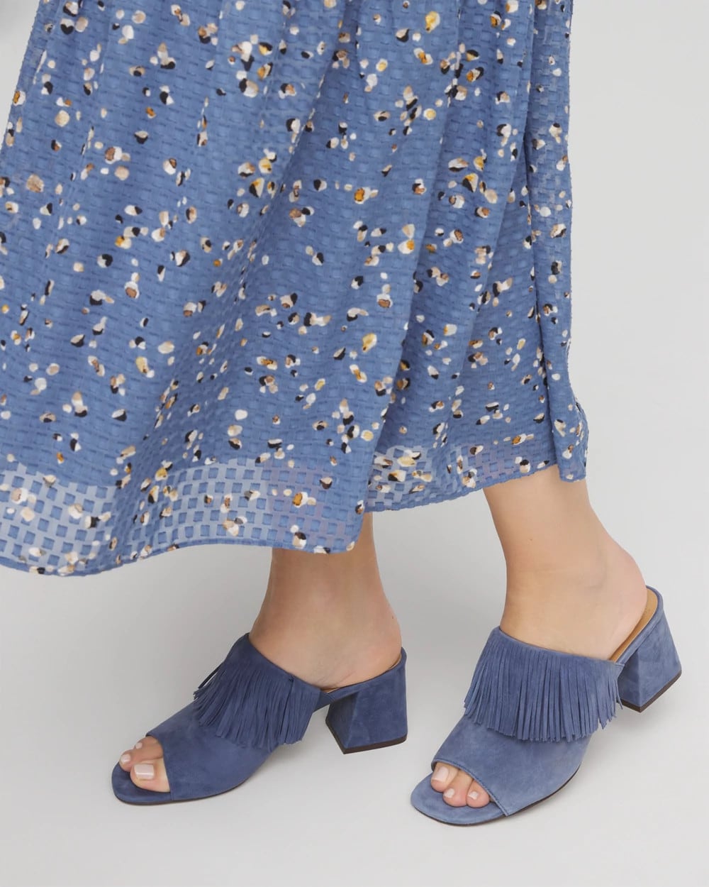 Chico's Accessories Blue Lotus Suede Fringe Block Heels