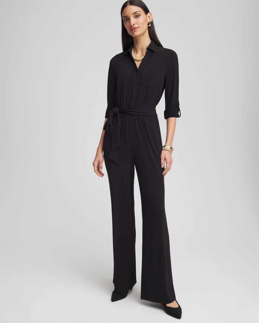Chico's Petites Petite Belted Jersey Maxi Jumpsuit