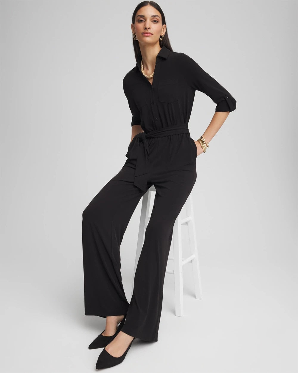 Chico's Petites Petite Belted Jersey Maxi Jumpsuit