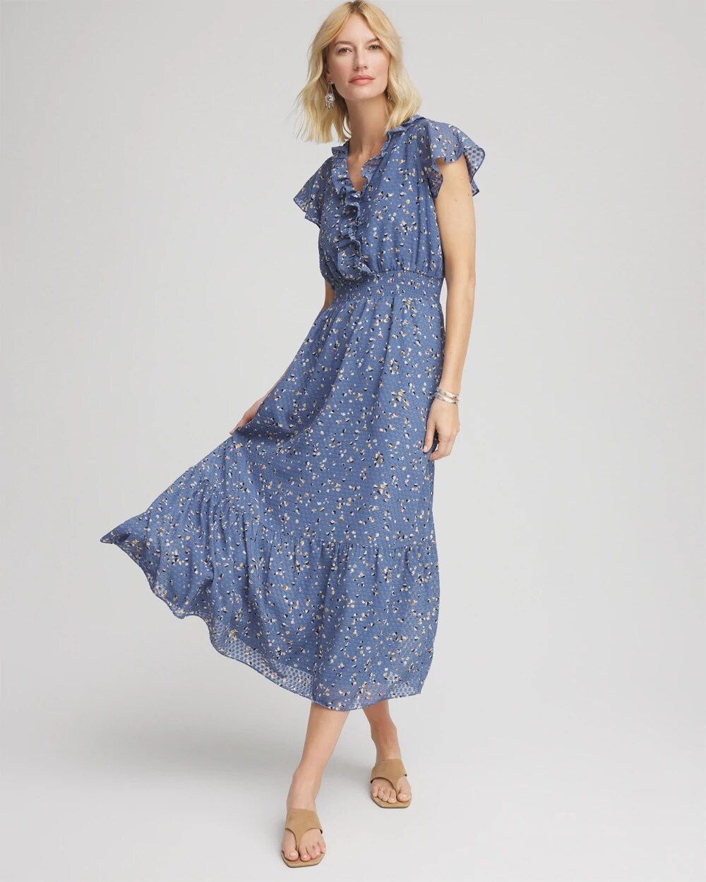Chico's Petites Petite Textured Ruffled-Placket Maxi Dress