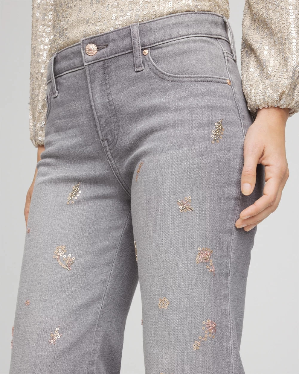 Chico's Petites Petite Rose Gold Embroidered Girlfriend Flared Jeans