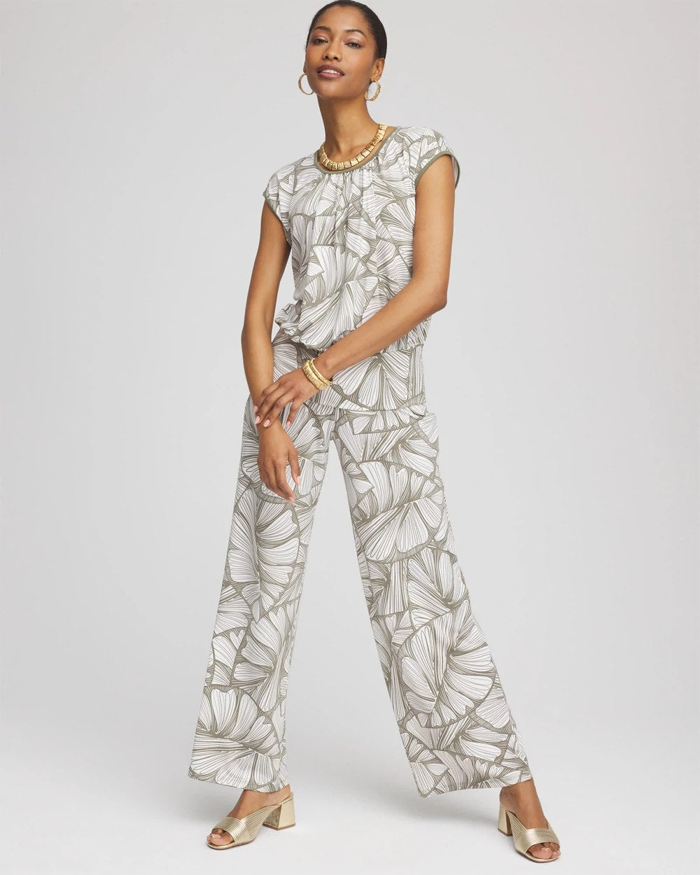 Chico's Collections Travelers™ Abstract Leaf Print Knit Wide-Leg Pants