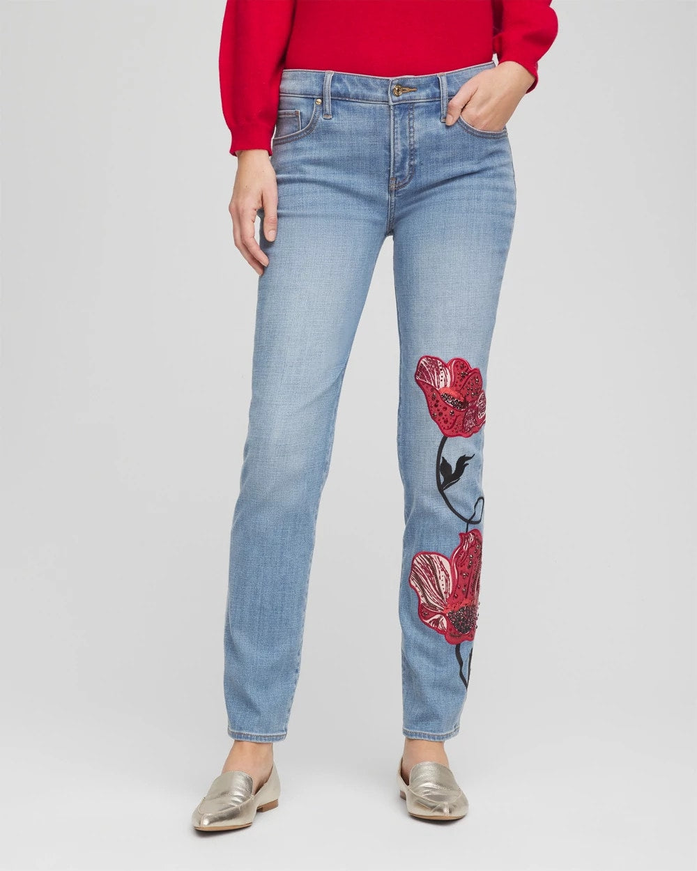 Chico's Collections Placed Floral Girlfriend Slim Ankle Jeans