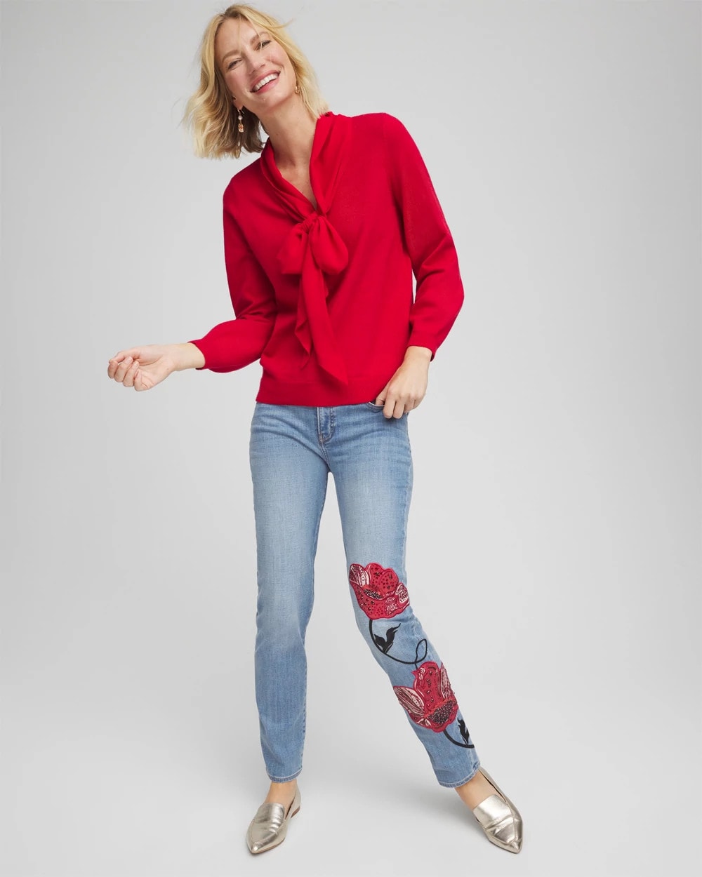Chico's Collections Placed Floral Girlfriend Slim Ankle Jeans