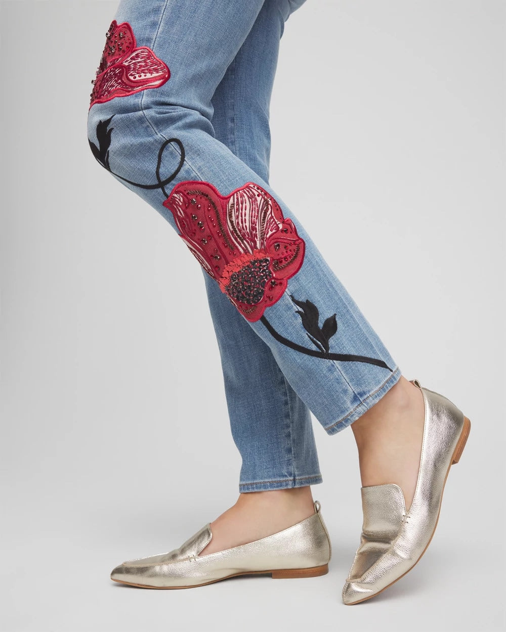 Chico's Collections Placed Floral Girlfriend Slim Ankle Jeans