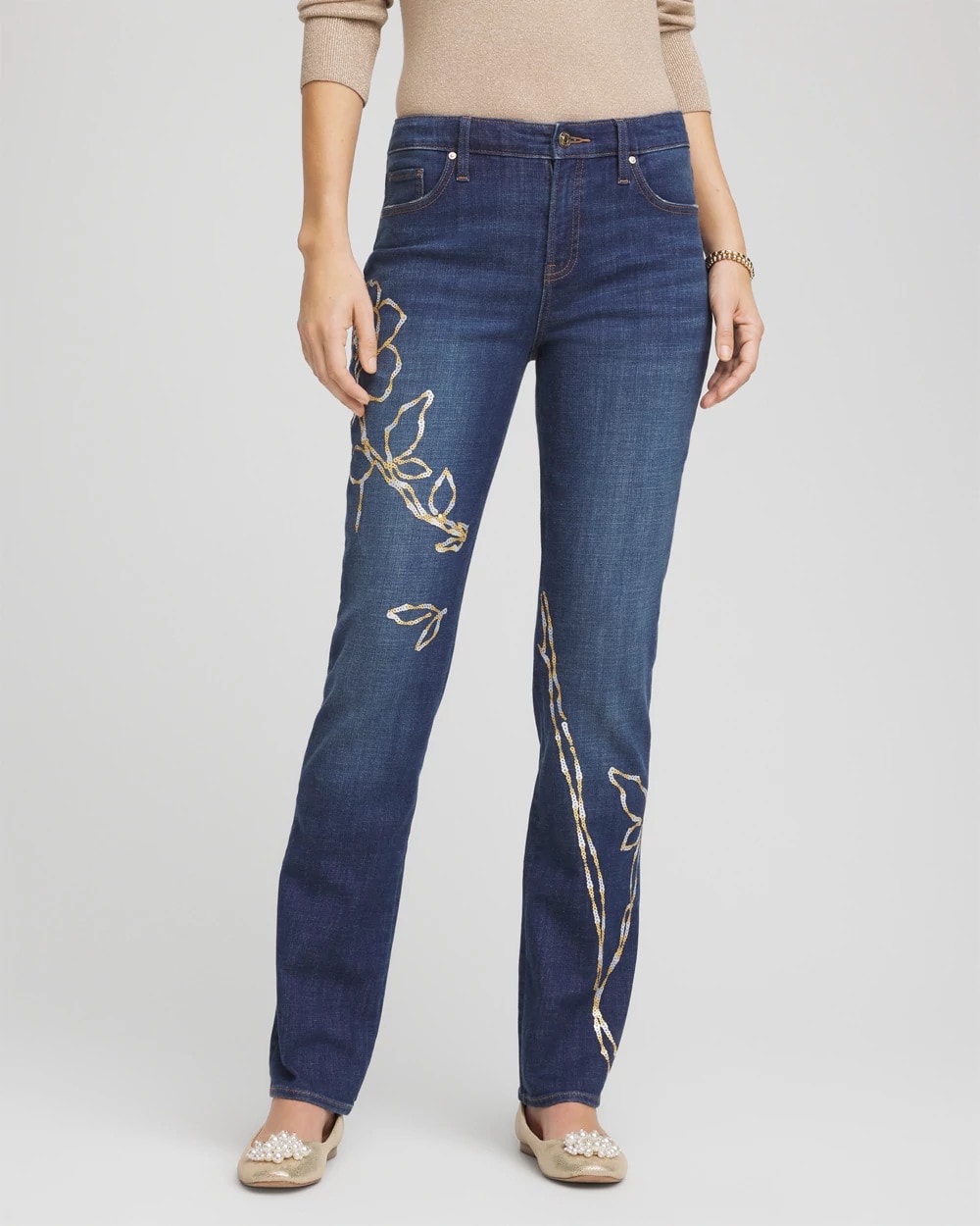 Chico's Collections Sequins Rose Girlfriend Slim-Leg Jeans