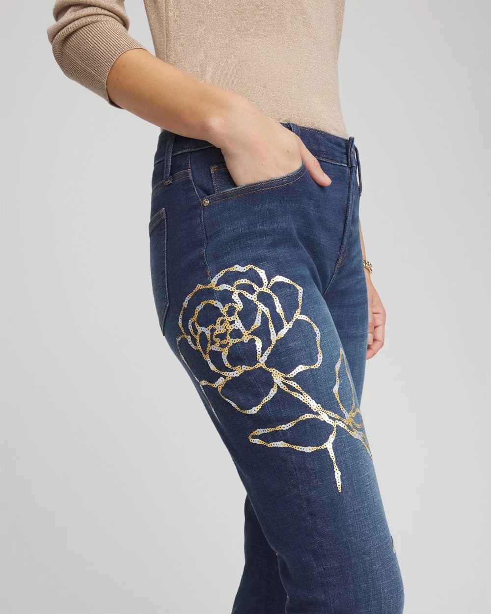 Chico's Collections Sequins Rose Girlfriend Slim-Leg Jeans