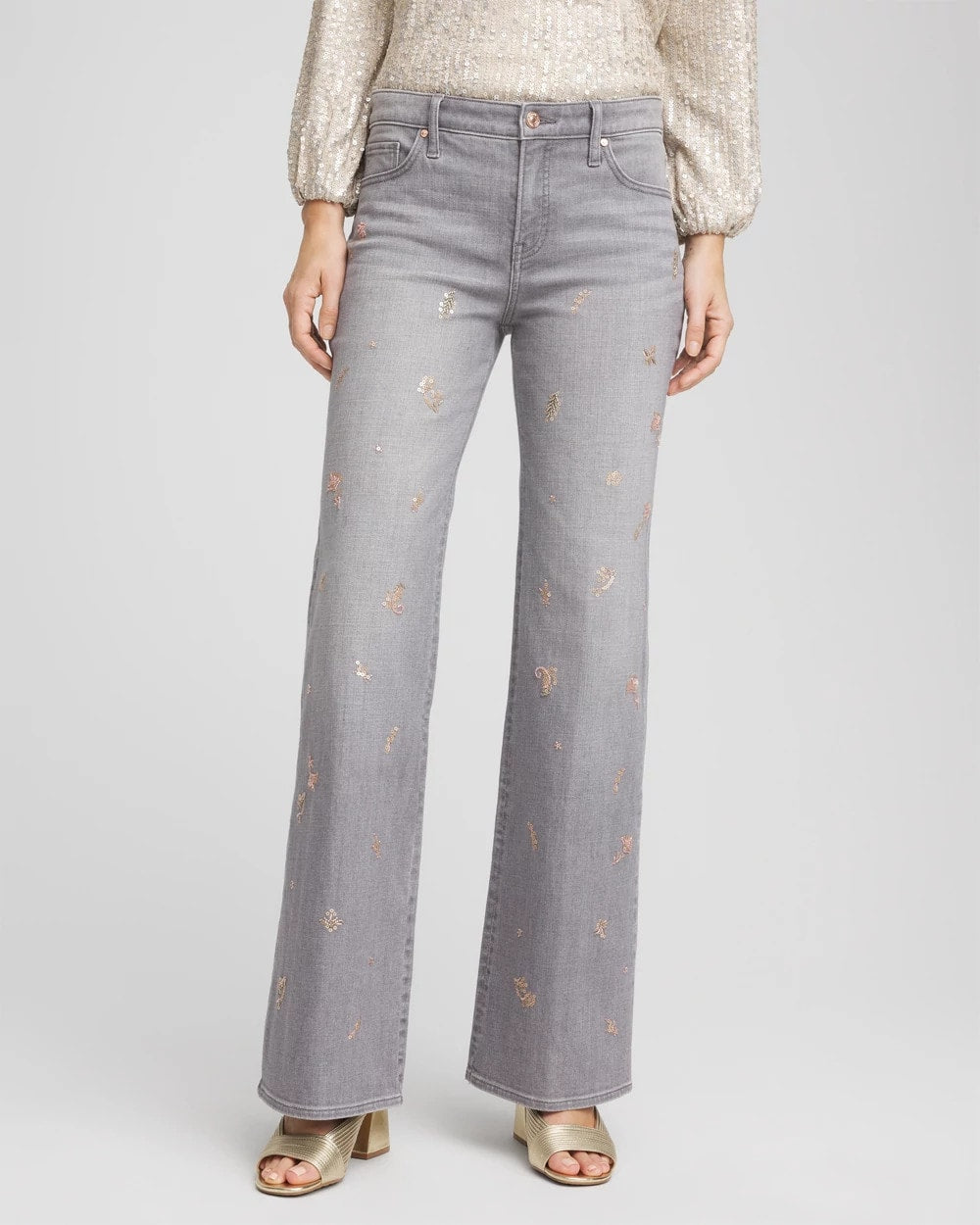 Chico's Collections Rose Gold Embellished Girlfriend Flared Jeans