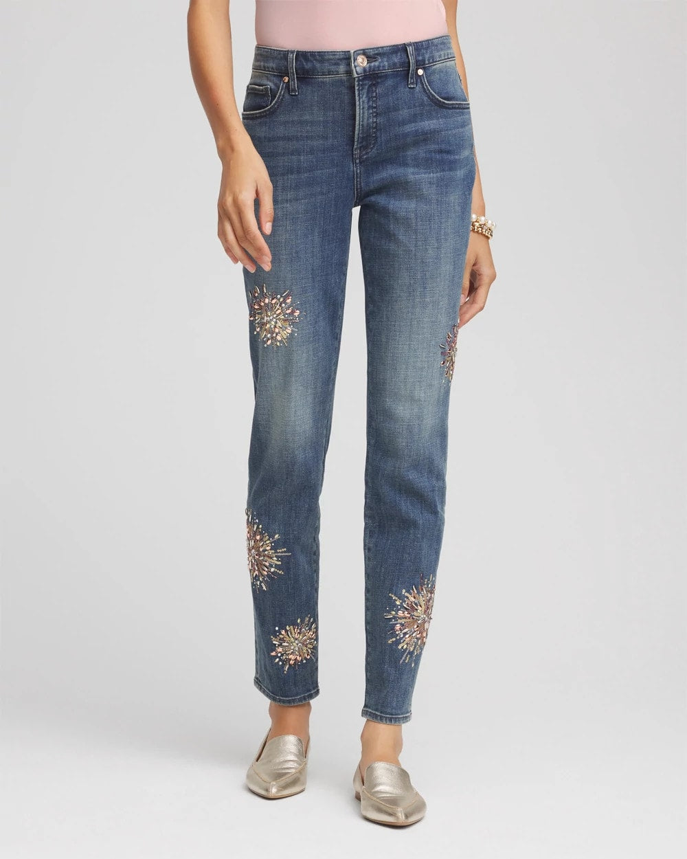 Chico's Collections Embellished Starbursts Girlfriend Slim Ankle Jeans