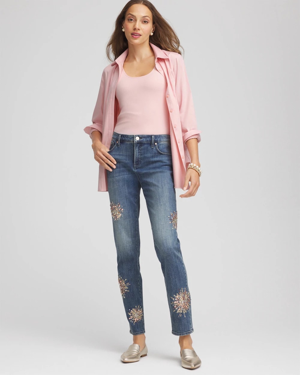 Chico's Collections Embellished Starbursts Girlfriend Slim Ankle Jeans